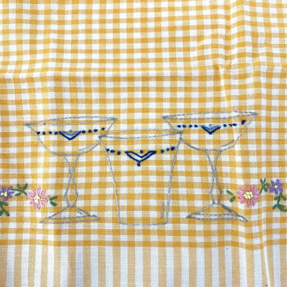 Vintage Gold Gingham Kitchen Towel Hand Embroidered Drinks and Floral Flowers